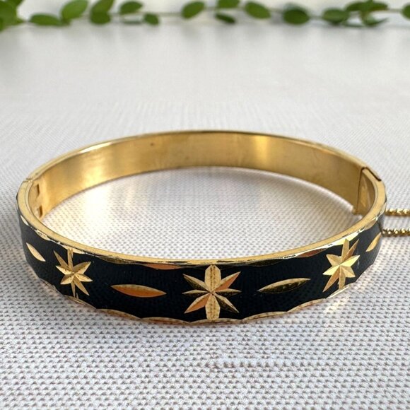 Jewelry - Black & Gold Enameled Hinged Bracelet with Star Etching and Safety Chain 7"